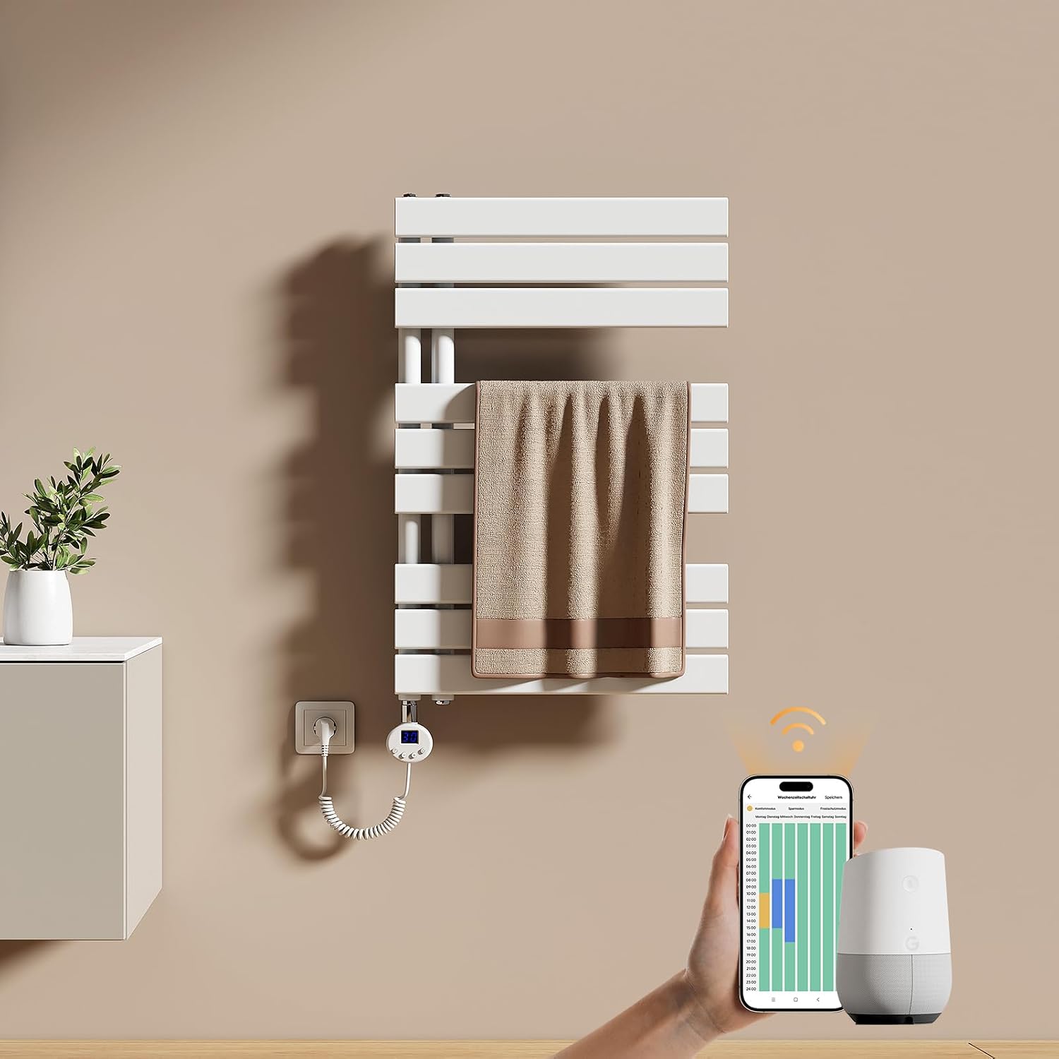 Scalda asciugamani da parete IP44, Scaldasalviette a Basso Consumo, Resistenza Riscaldante con Timer, Termoarredo Bagno, 400 W Bianco, EMKE