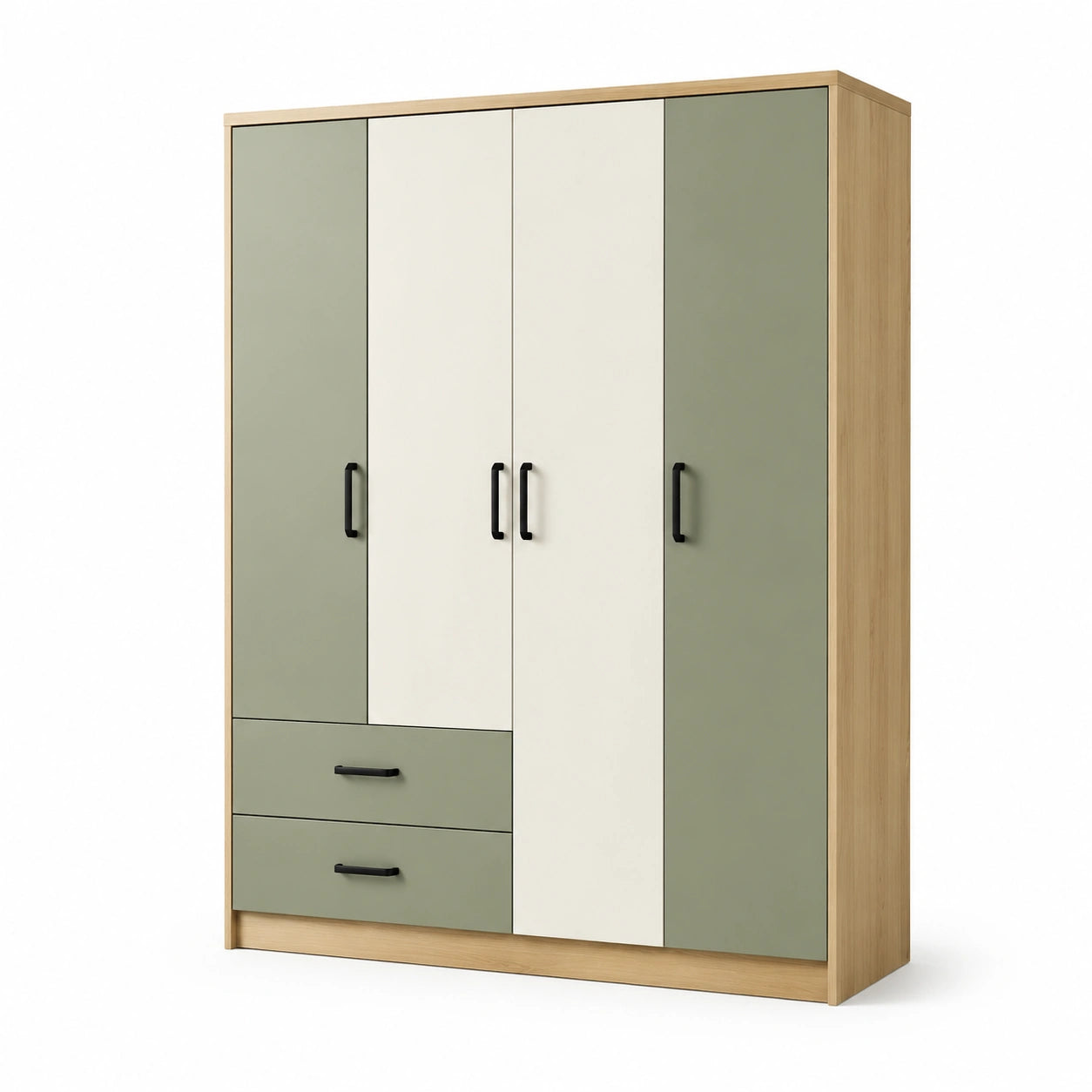 Armadio in legno con 4 ante e cassetti verde e bianco 180x55x200 cm