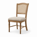 Sedia da pranzo in legno con schienale in rattan e seduta in tessuto beige
