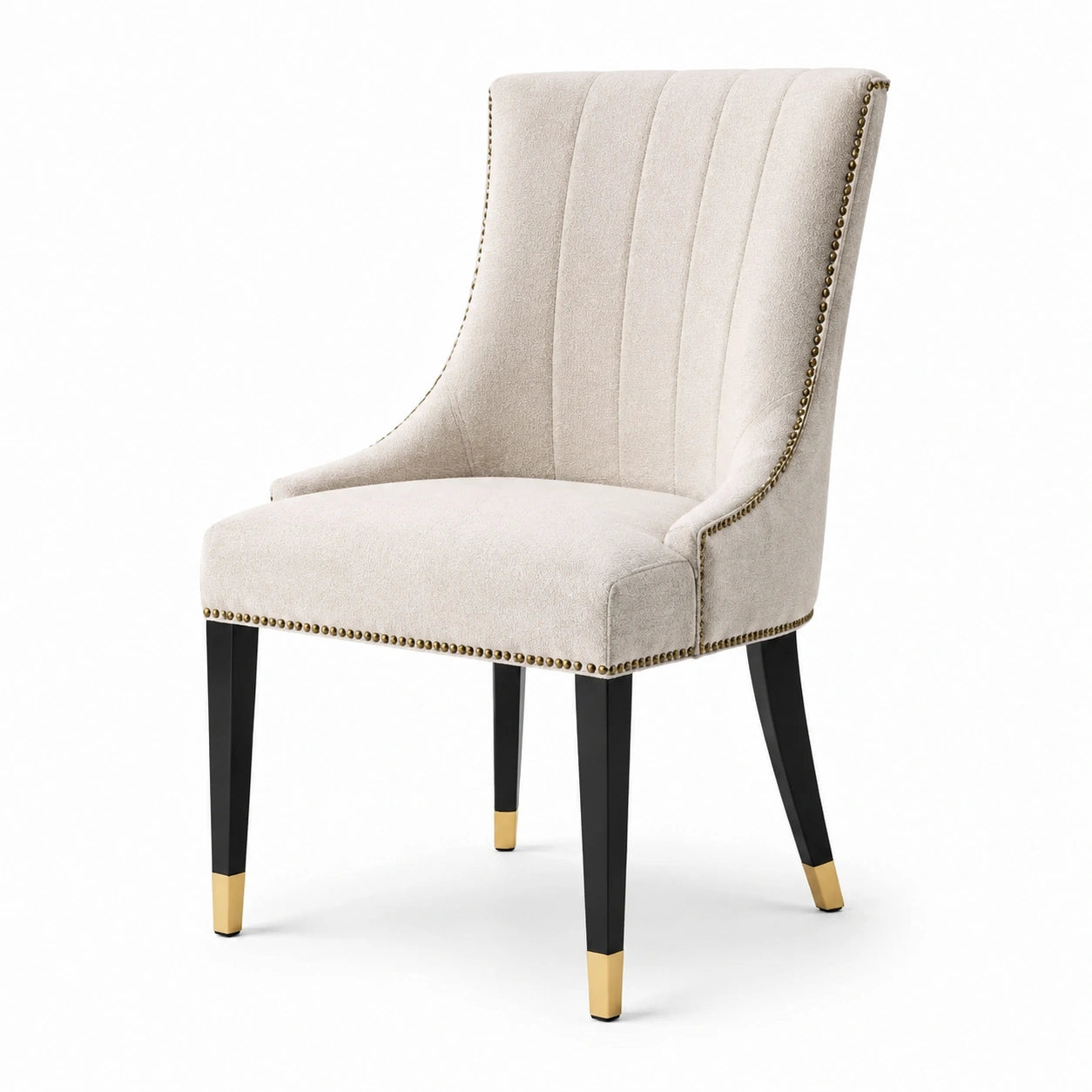 Sedia da pranzo in tessuto beige con gambe in legno nero