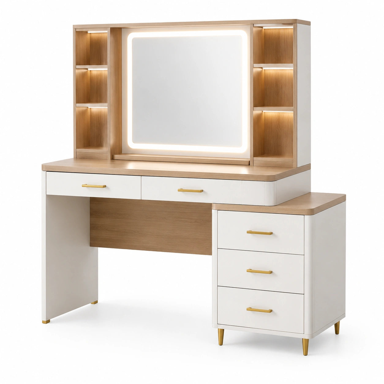 Tavolo da Toeletta con Specchio LED, MDF e Legno, Cassetti Bianco e Naturale