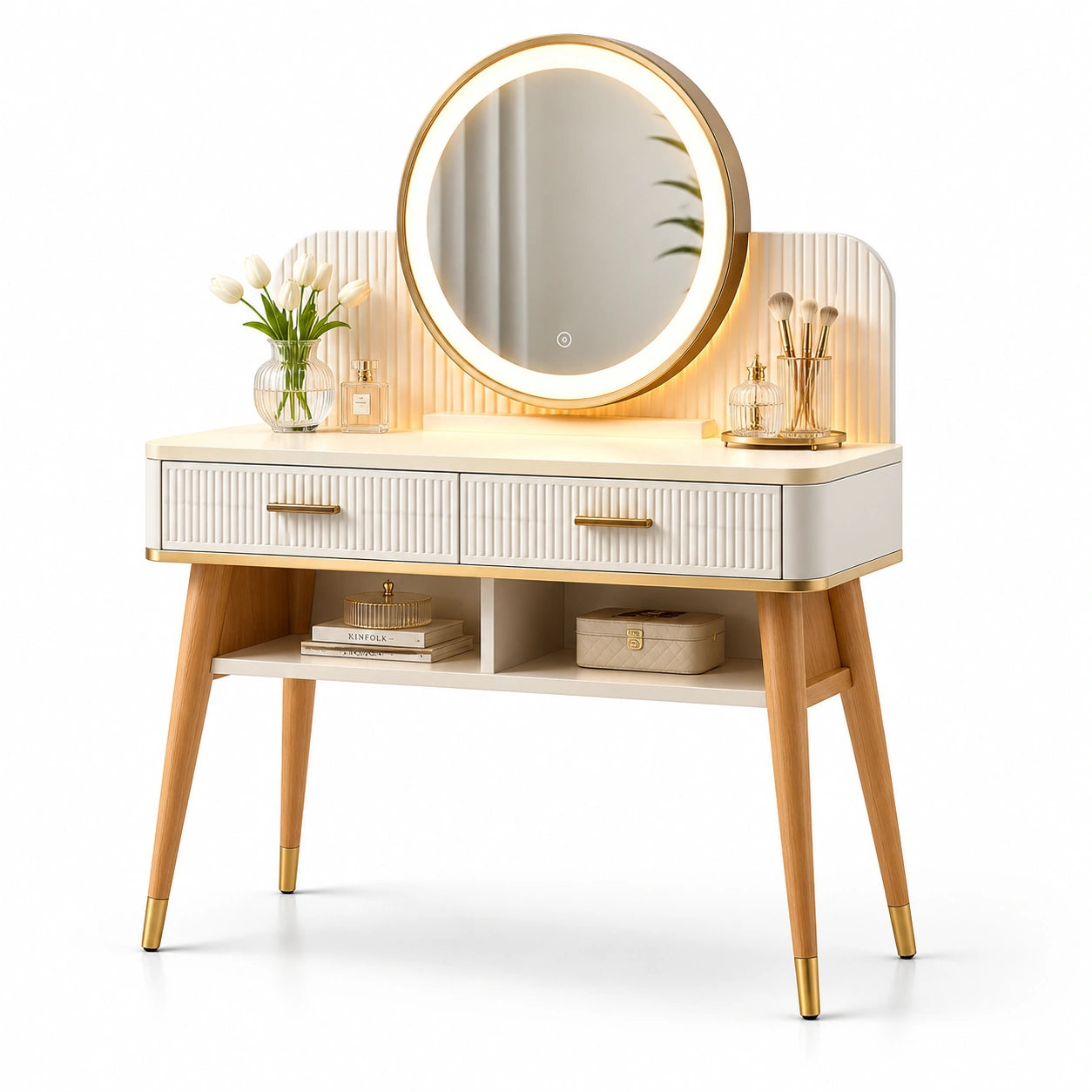 Tavolo da Toeletta in Legno e MDF con Specchio LED Rotondo