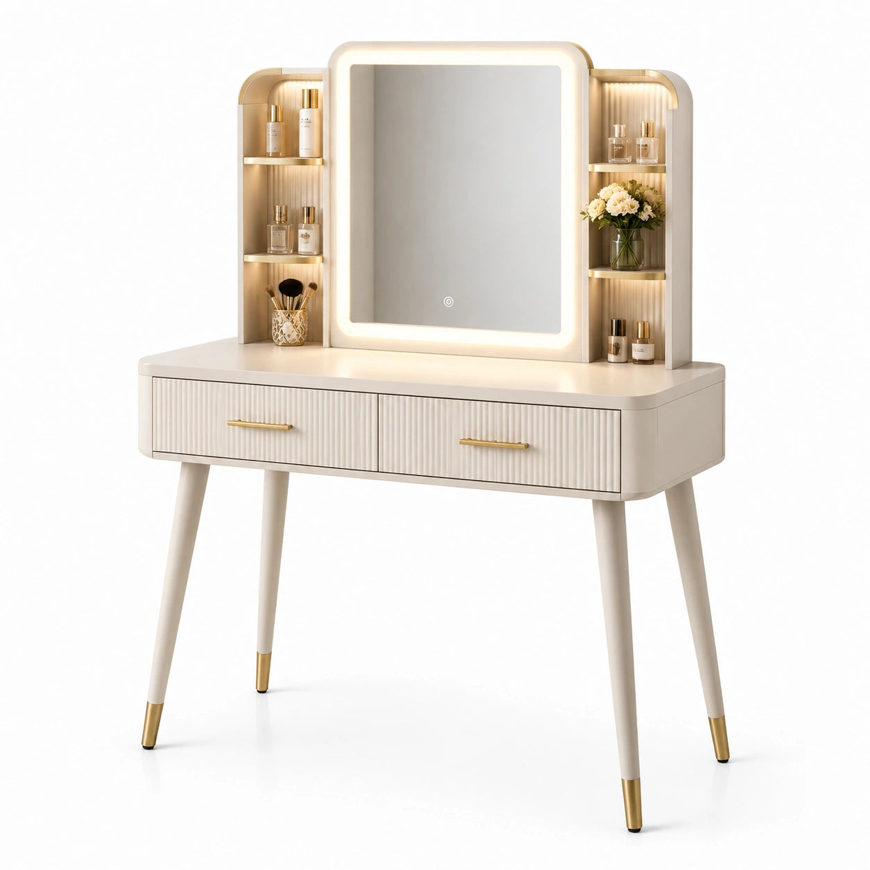 Toletta con Specchio LED Integrato Beige in Legno MDF e Metallo