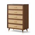 Cassettiera alta 5 cassetti legno e rattan marrone