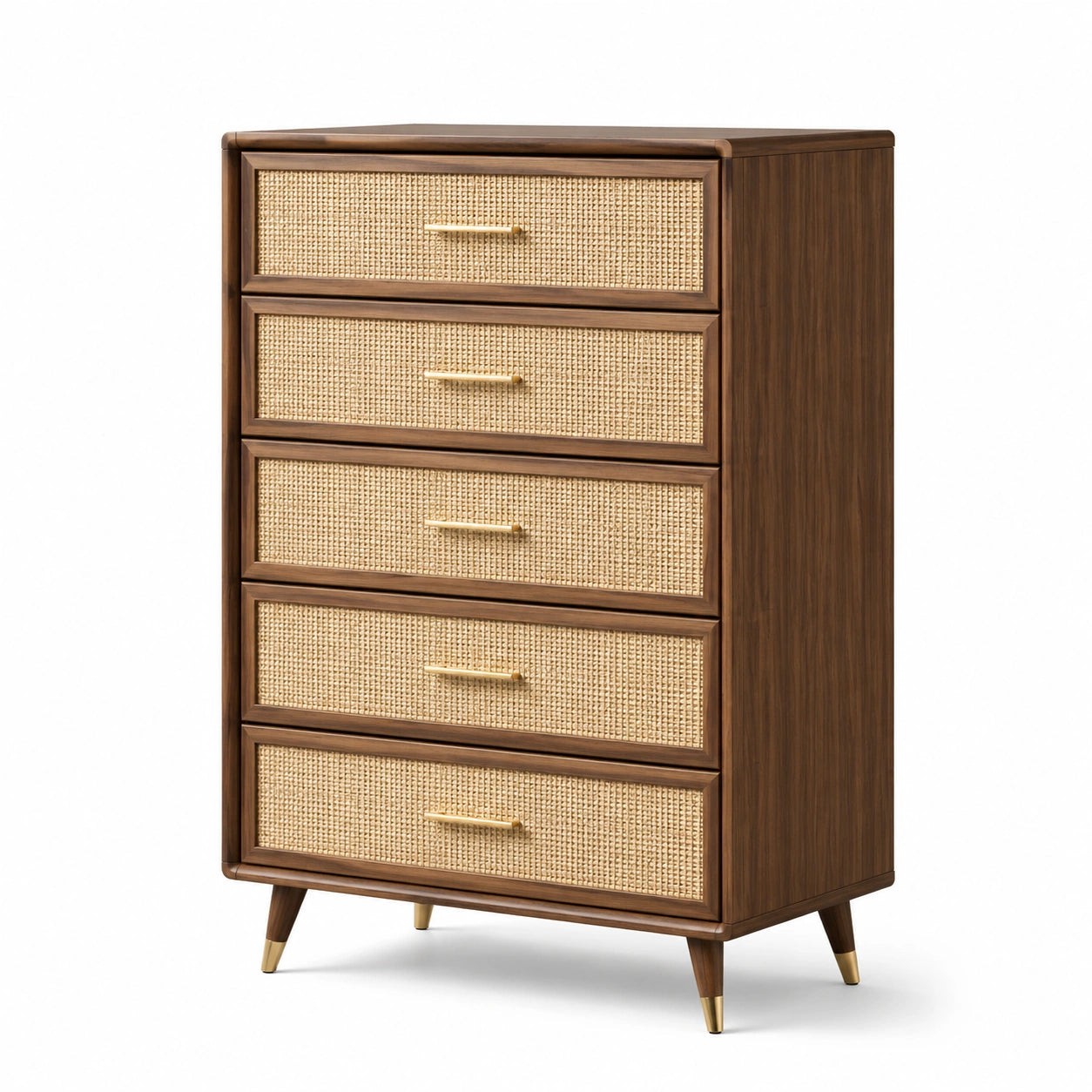 Cassettiera alta 5 cassetti legno e rattan marrone