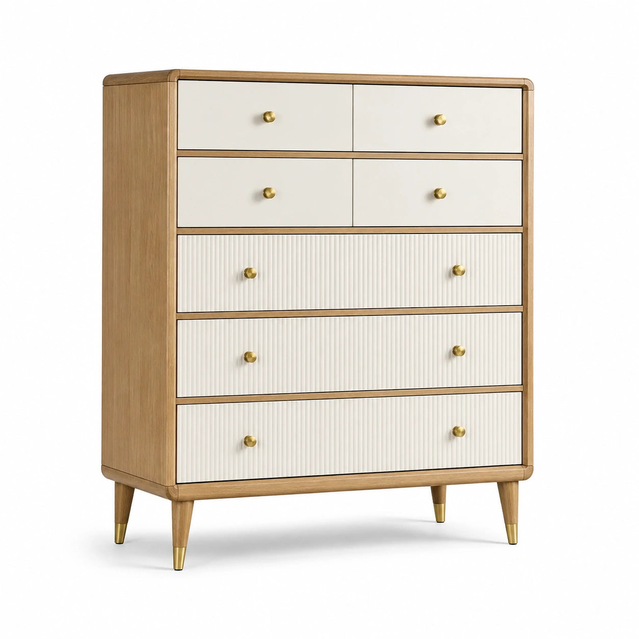Cassettiera in legno con cassetti in MDF bianco e maniglie in ottone, 6 cassetti, 120x80x40 cm