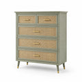Cassettiera alta in legno e rattan con 5 cassetti verde