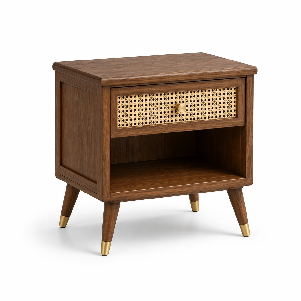 Comodino in legno massello marrone con cassetto in vimini
