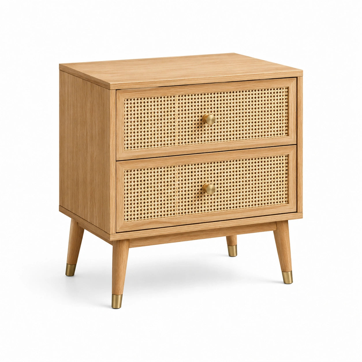 Comodino in Legno con Cassetti in Rattan