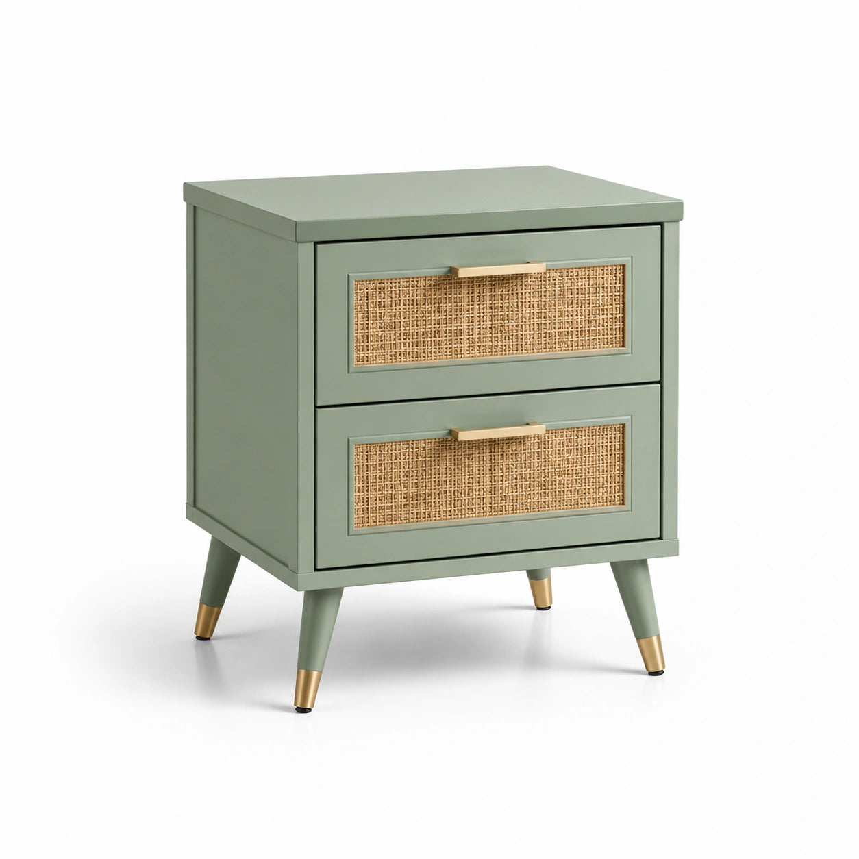 Comodino con Due Cassetti in Legno e Rattan Naturale Verde