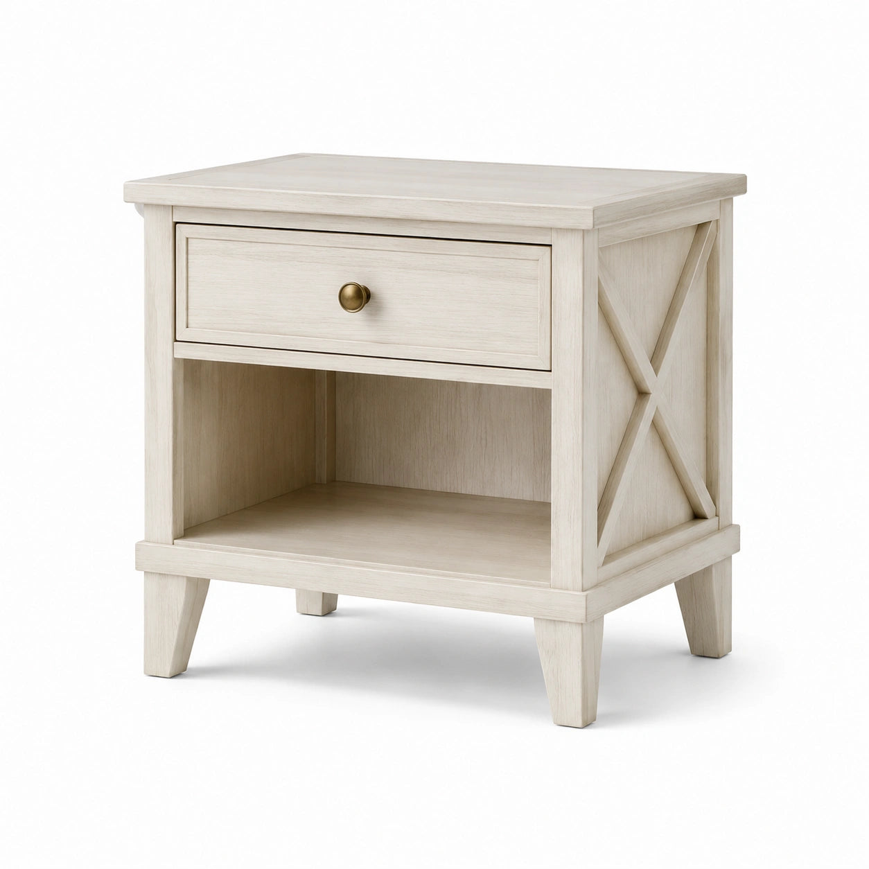 Comodino in legno di pino con cassetto e ripiano bianco
