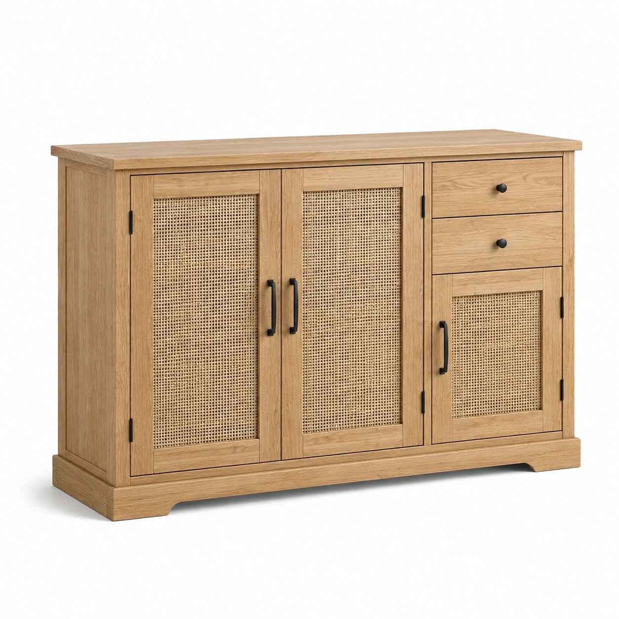 Credenza in legno e rattan naturale con 3 ante e 2 cassetti