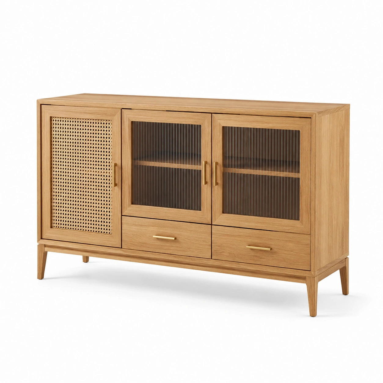 Credenza in legno con ante in rattan e vetro temperato