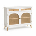 Credenza in legno e rattan con cassetti e ante bianche