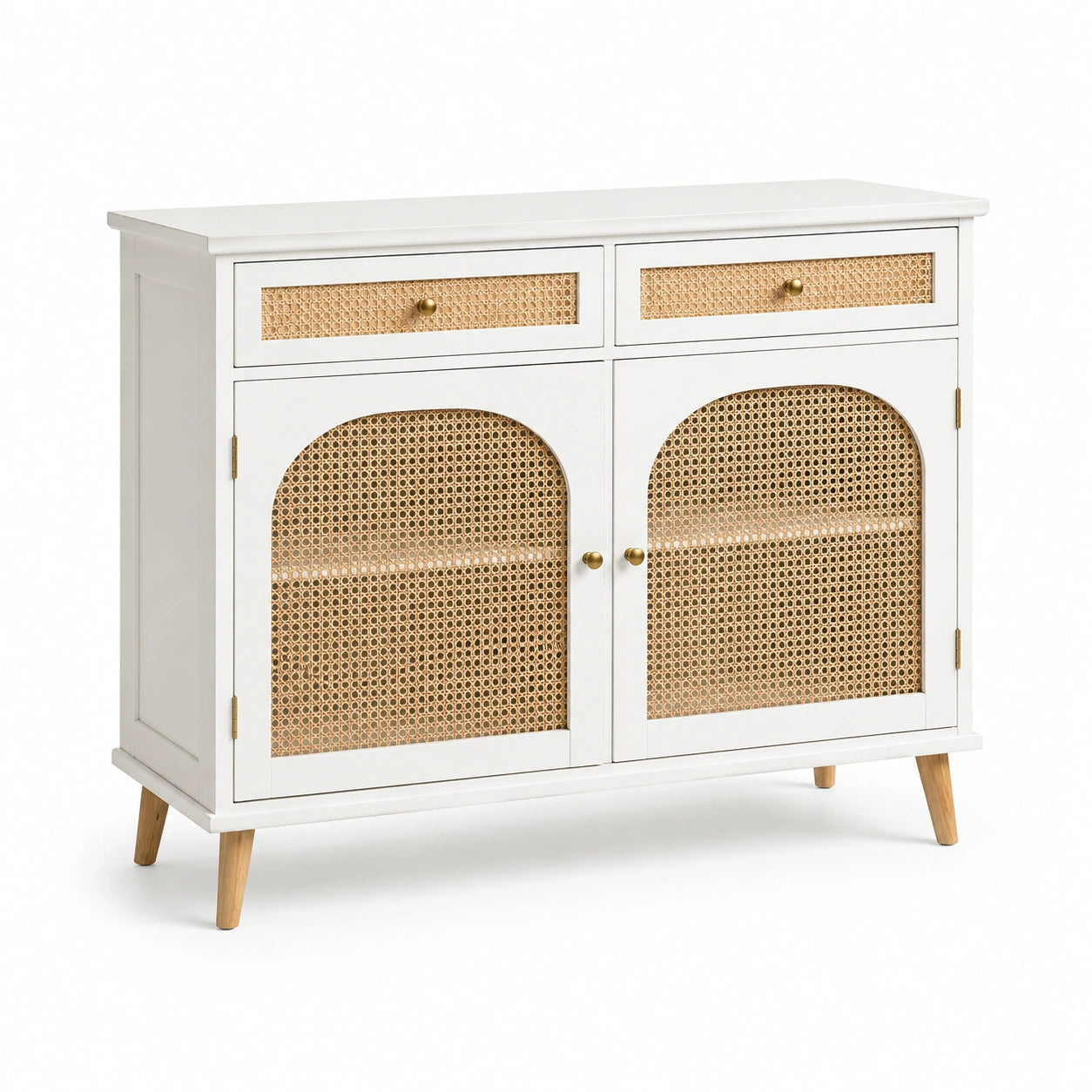 Credenza in legno e rattan con cassetti e ante bianche