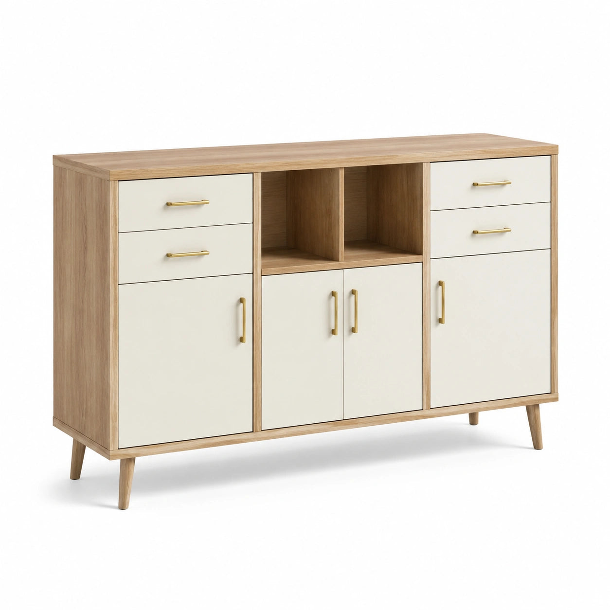 Credenza in legno di rovere e MDF bianco con maniglie in metallo dorato