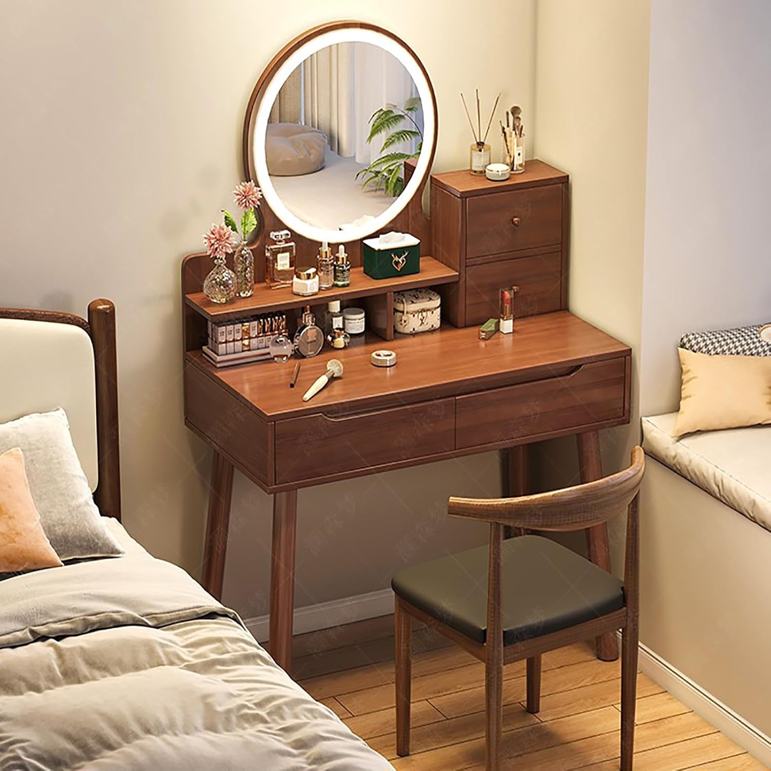 Toelette, Scrivania da toeletta in Legno con Specchio Rotondo, Camera da Letto, Tavolo da toeletta con cassetti e Ripiani Aperti, MESCXTY