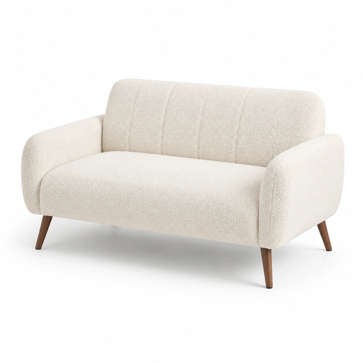 Divano a due posti in bouclé beige con gambe in legno