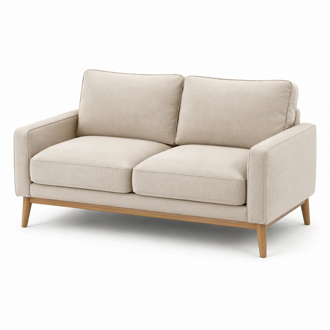 Divano in tessuto beige con struttura in legno a 2 posti
