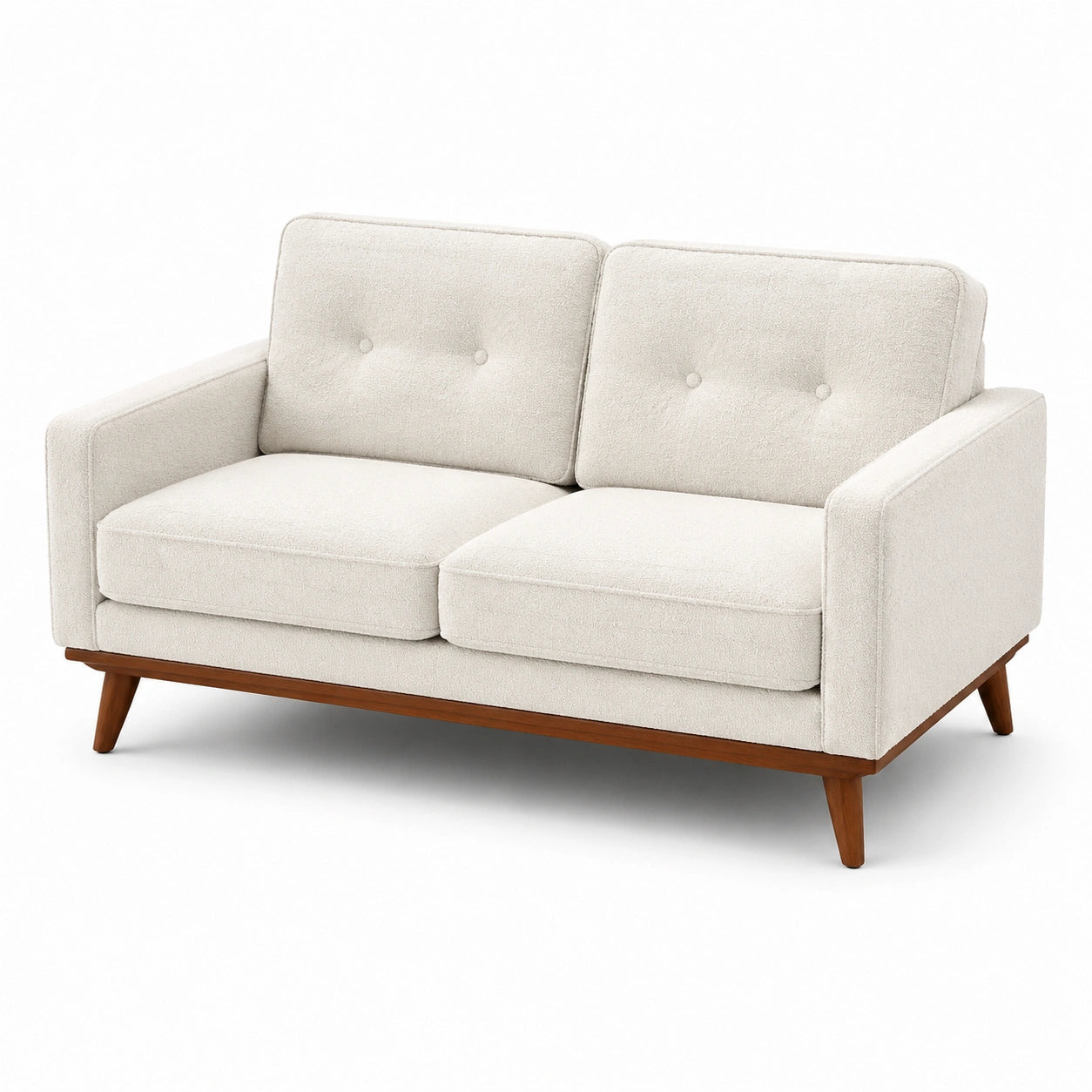 Divano due posti tessuto poliestere beige con gambe in legno massello