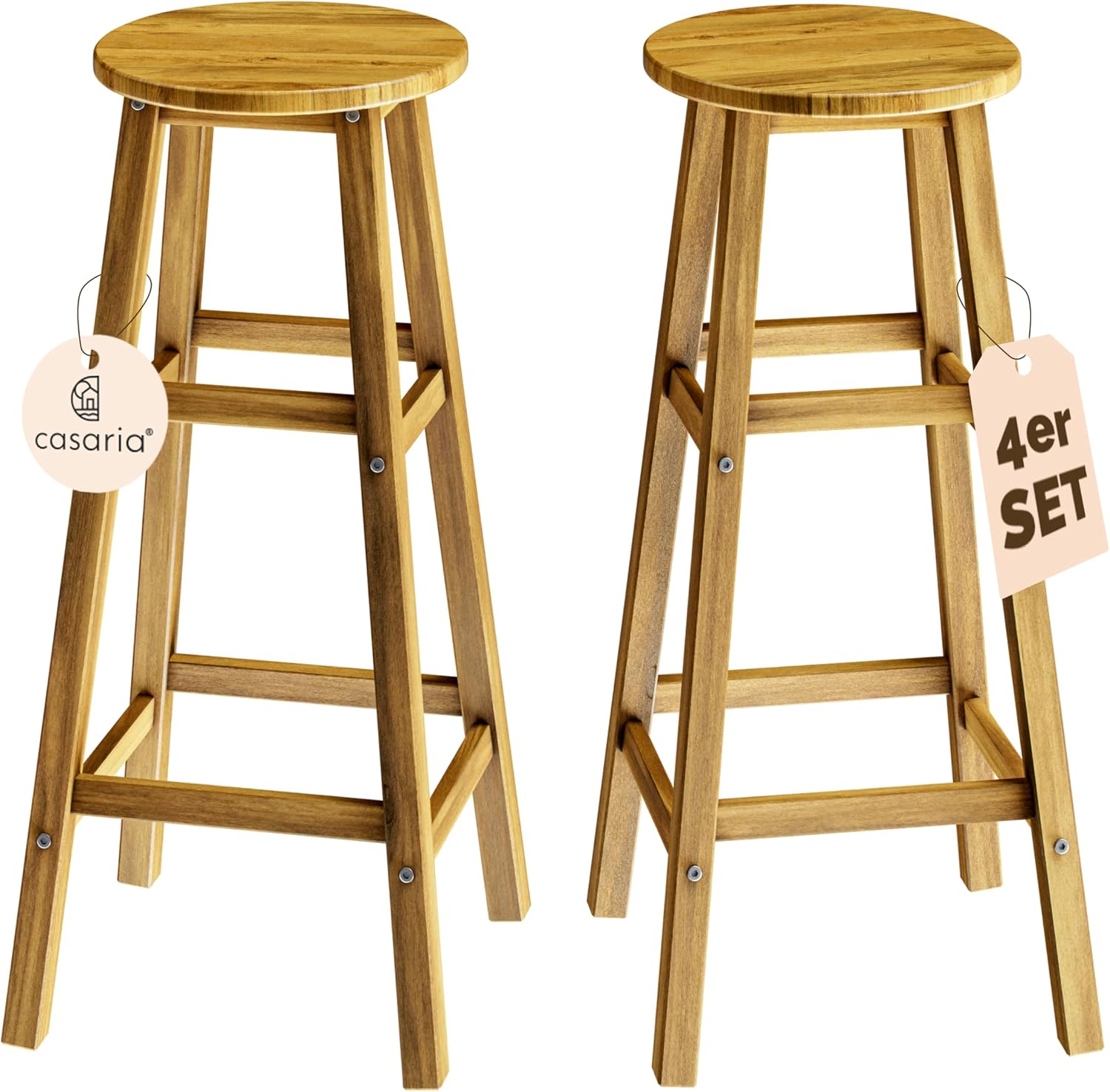 Sgabelli da bar, ® Set di 4 in Legno D'acacia Altezza 75 cm Design Rustico Sedia da Cucina Sgabello Tondo Bancone Poggiapiedi, Casaria