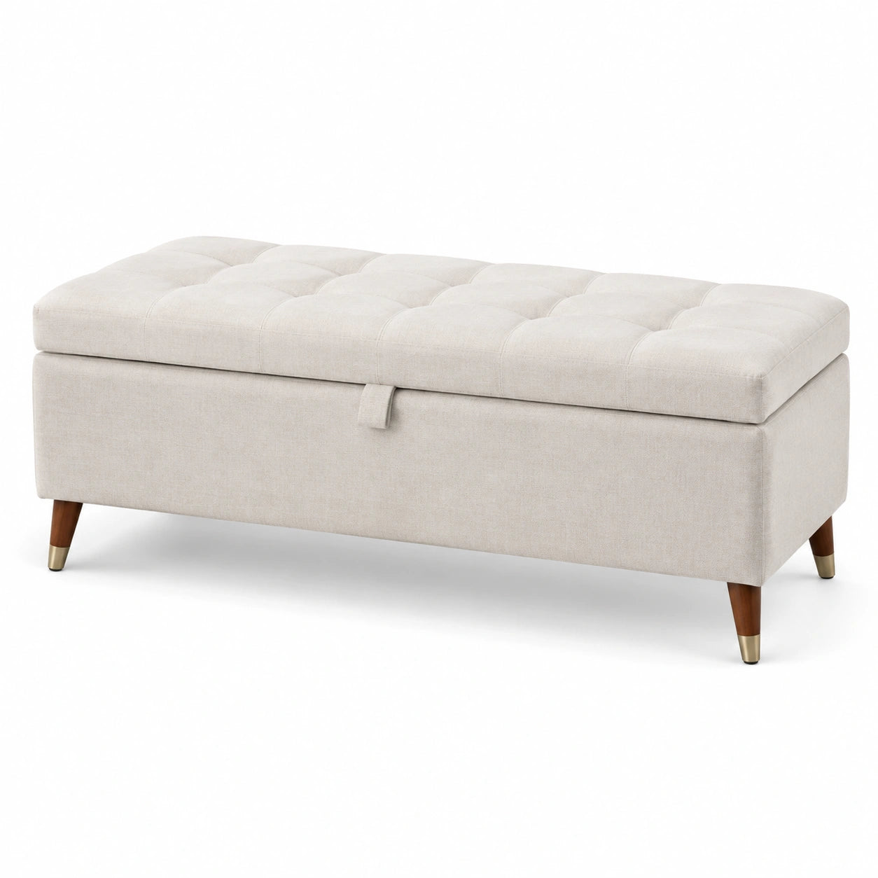 Panca contenitore in tessuto beige con gambe in legno