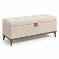 Panca contenitore in tessuto beige con gambe in legno