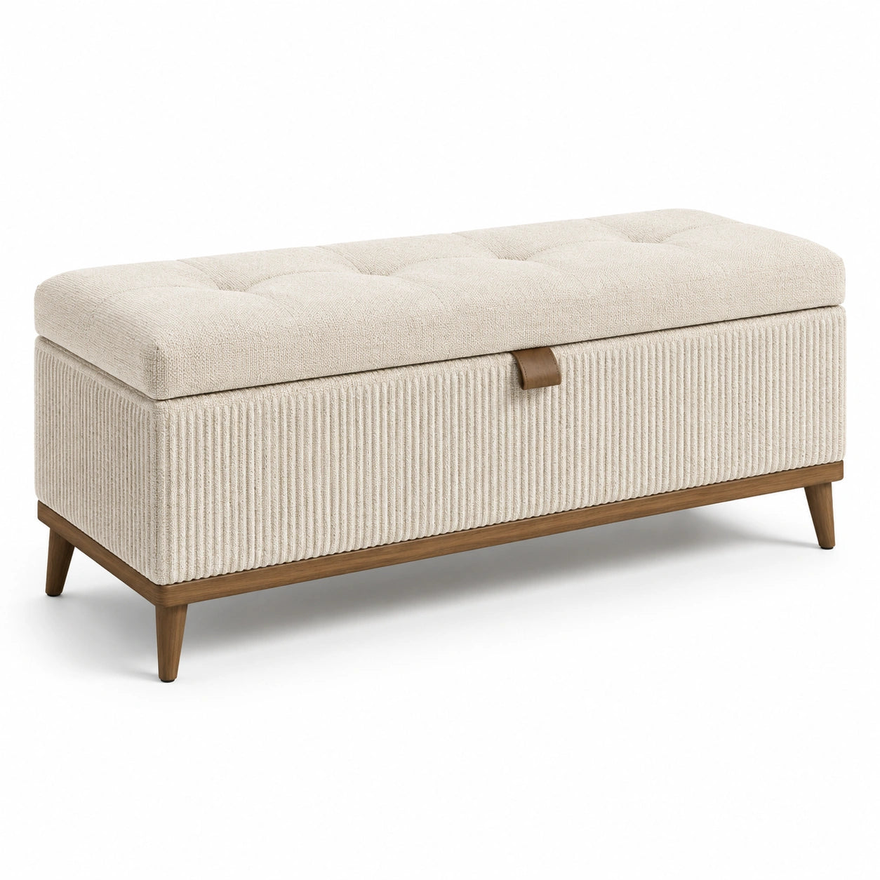 Panca contenitore in tessuto beige con gambe in legno