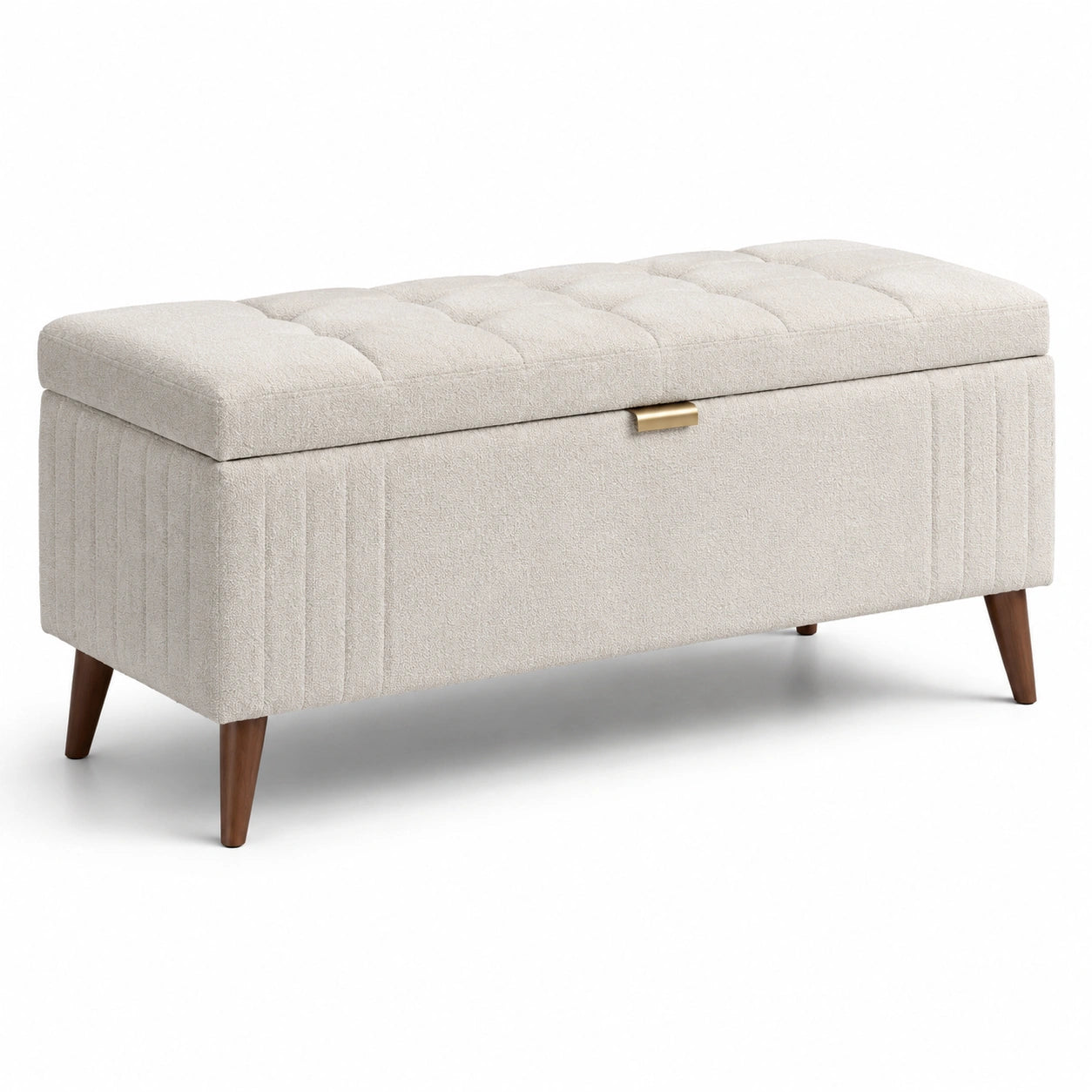 Panca contenitore beige in legno e tessuto