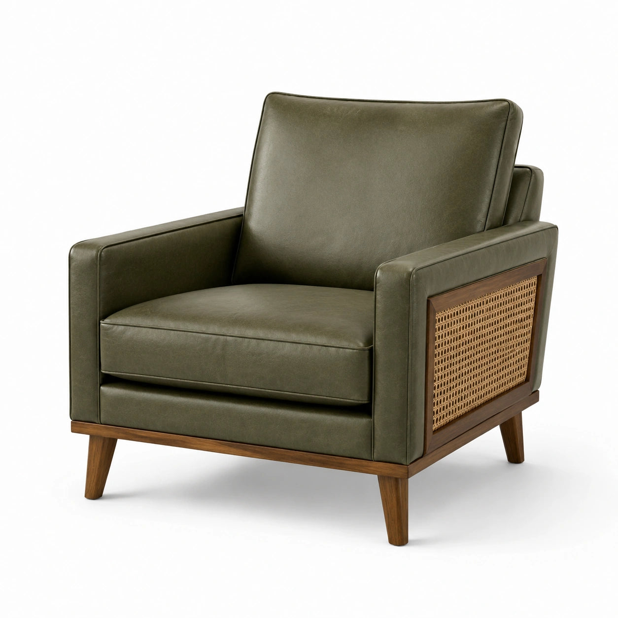 Poltrona in pelle sintetica con gambe in legno e inserti in rattan
