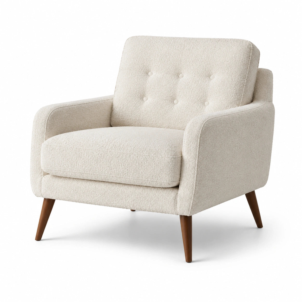 Poltrona in tessuto bouclé beige con gambe in legno