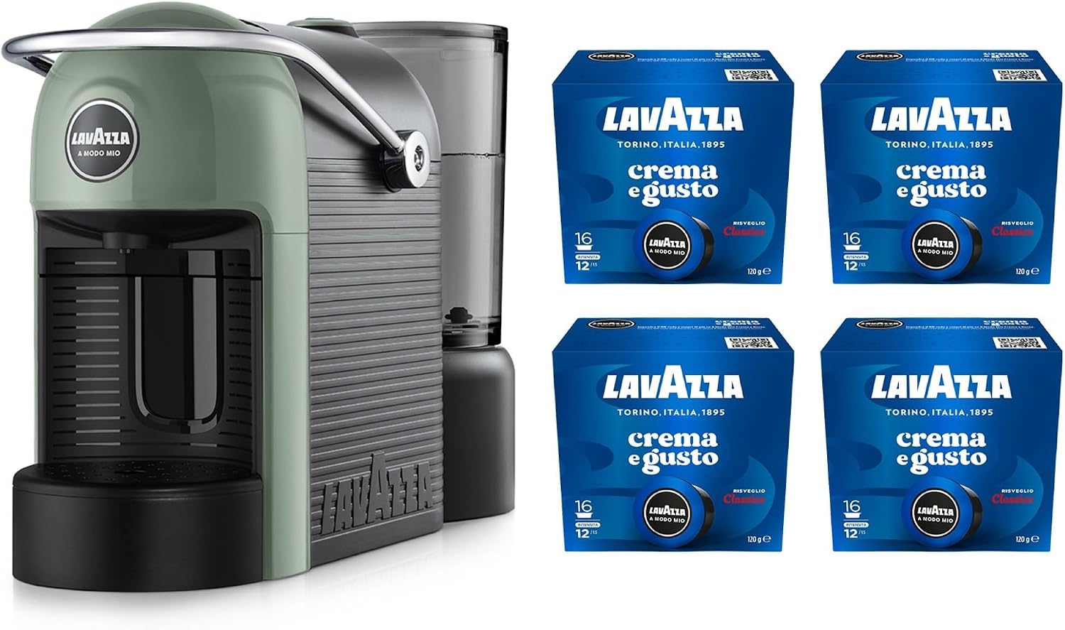 Macchina da caffè, A Modo Mio Jolie Evo, Macchina Espresso con 64 Capsule, Macchina per Caffè Realizzata con 36% di Plastica Riciclata, Verde, Lavazza