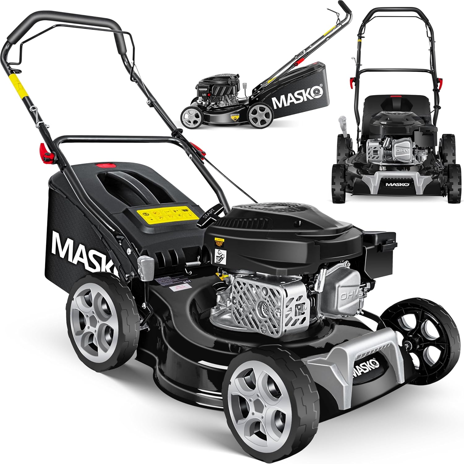 Tosaerba, a benzina 3 in 1, larghezza di taglio 42 cm, motore a 4 tempi OHV 3,4 CV, cesto di raccolta da 50 litri, Include kit per pacciamatura, Masko
