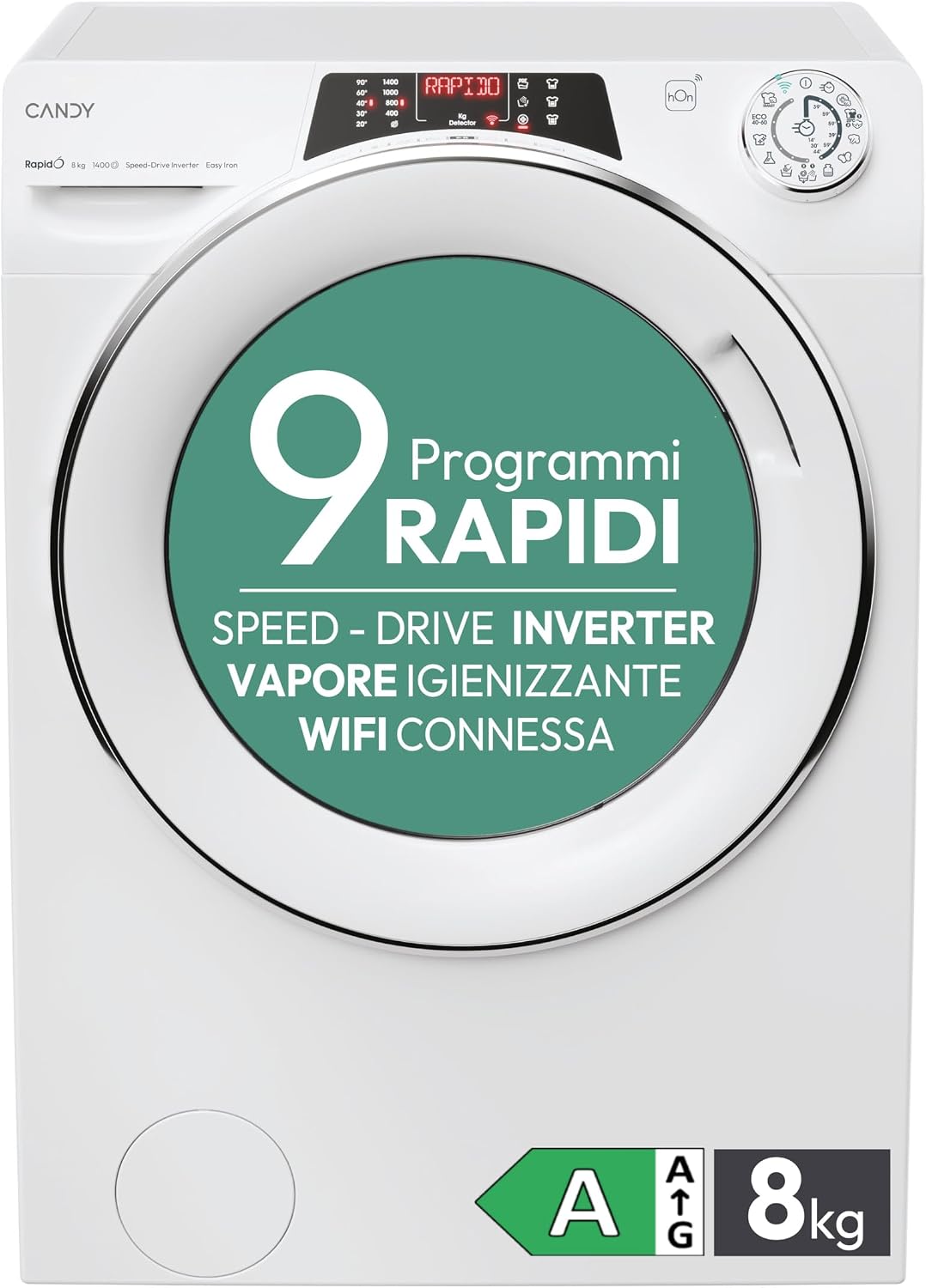 Lavatrice 1486DWMCT1-S, 1400 giri, 16 programmi, RapidÓ RO, a carica frontale, Classe A, Cicli Rapidi, Vapore, Bianco, CANDY