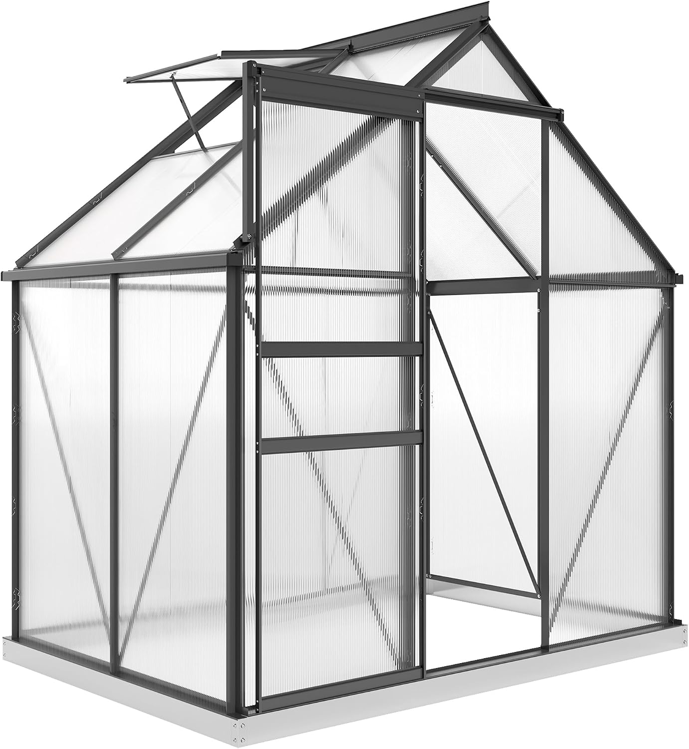 Sistemi serra, Serra per Orto con Fondazione, per Piante, Grigio, Grondaie, Finestra a Tetto Regolabili, Porta a Battente, Anti UV, Outsunny