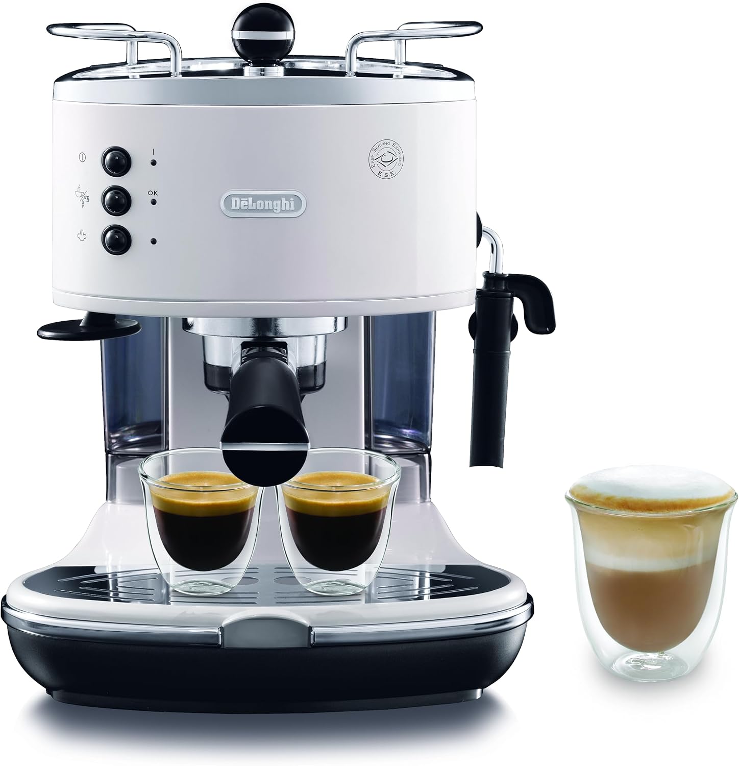 De'Longhi ECO311 macchina da caffè, ICONA .W Espresso Manuale e Cappuccino, in Polvere e Cialde E.S.E., Spegnimento Automatico, Scaldatazze, Bianco