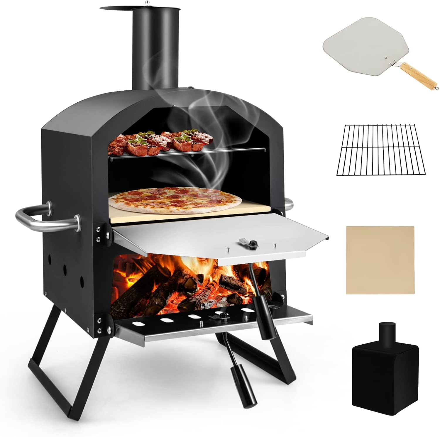 Forni per pizza, Copertura Impermeabile, 2 Strati, Forno per Pizza da Esterno, Forno a Legna per Pizza con Gambe Pieghevoli, Pietra per pizza, COSTWAY