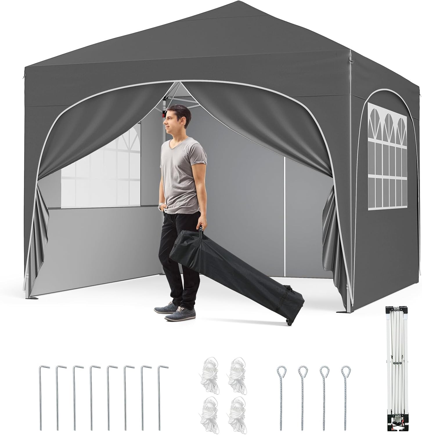 Gazebo, Piehevole da Esterno 3 x 3 m, Tendone per Giardino (Grigio), Regolabile in Altezza con Pareti Rimovibili, Borsa con Ruote, Picchetti, COSTWAY