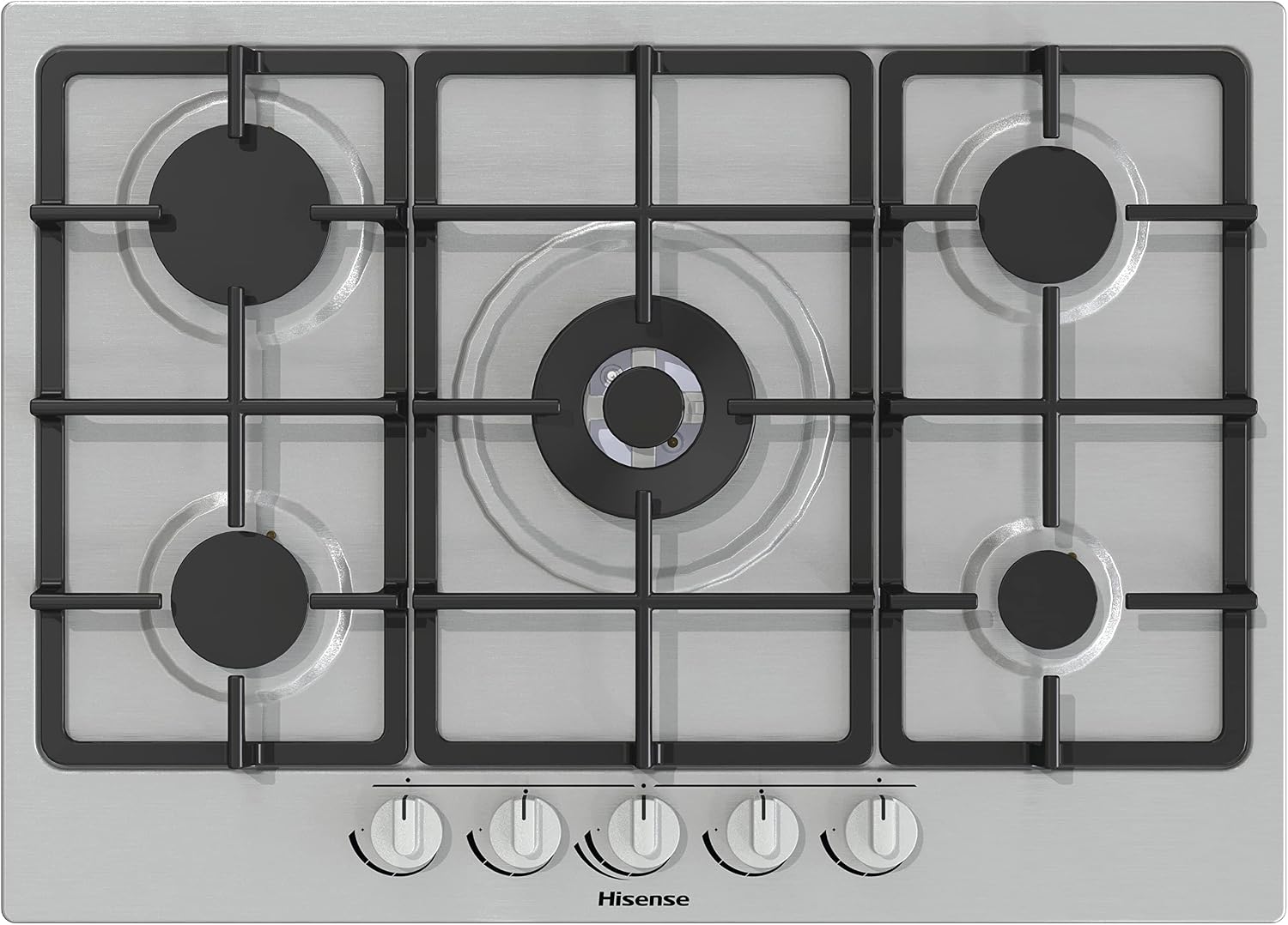 Hisense GM773XF piano cottura, 5 Zone di Cottura, a Gas, Bruciatore Wok Doppia Corona e Griglie in Ghisa, Accensione Integrata, Inox Anti Impronta