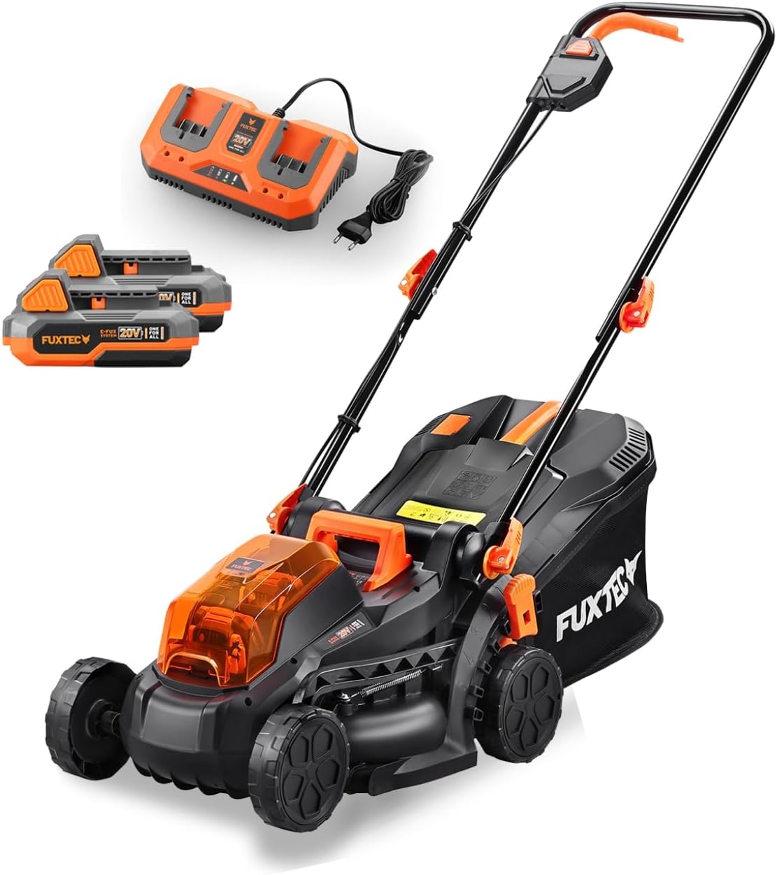 Tosaerba FX-E1RM20, sacco raccoglierba 35 L, a batteria 2x20 V (40 V) SET con 2 batterie e caricatore - larghezza di taglio di 33 cm, Fuxtec