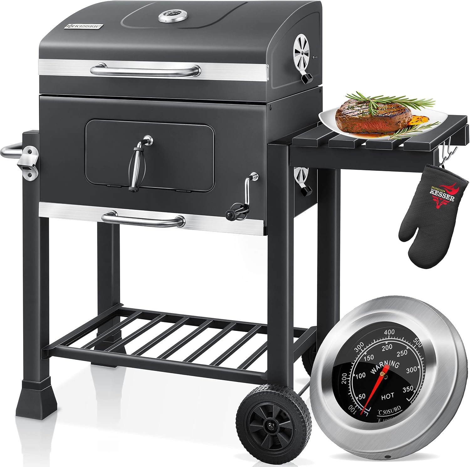 Barbecue a carbone, Grande lla Barbecue da Campeggio, Manico in Acciaio Inox, ® Barbecue con Carrello XL lla con Coperchio, Ruote, KESSER