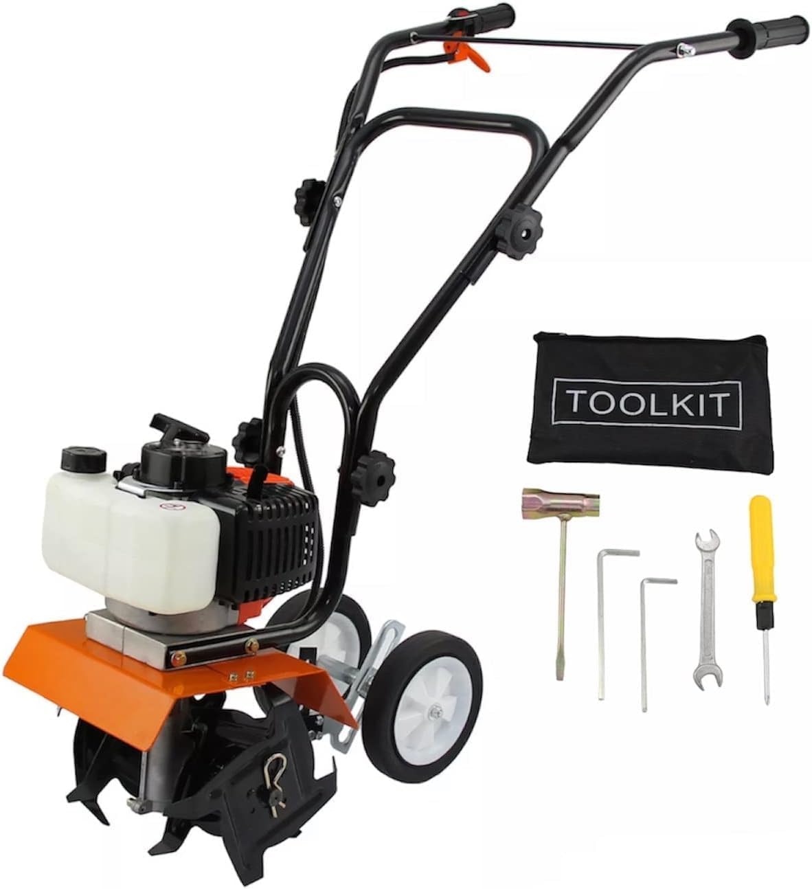 Motozappe 52CC, Motozappa a Scoppio, Motore, Larghezza di Lavoro 30 cm, Profondità 15 cm, Zappa per Terreno, Kit Attrezzi Incluso, Generico
