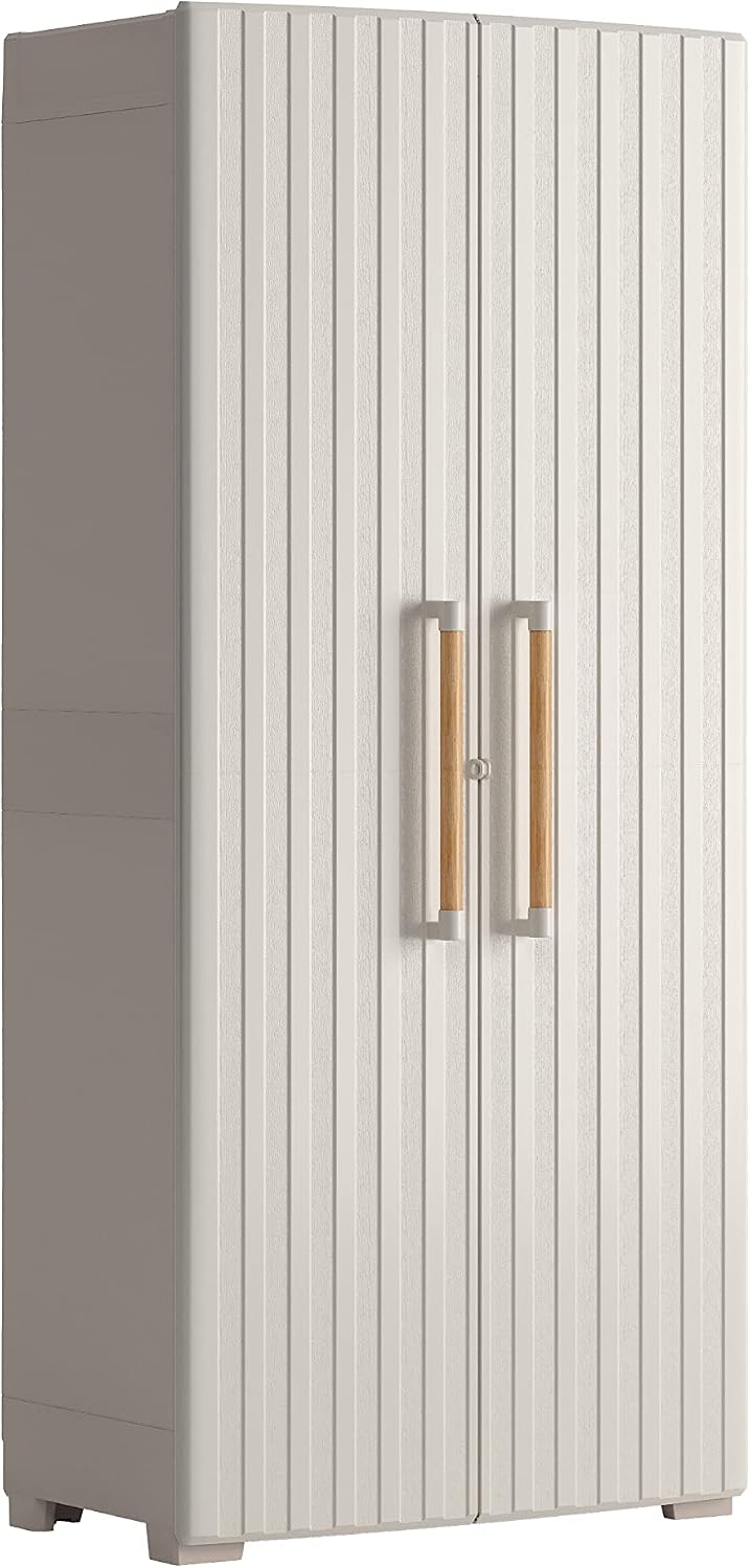 Armadio IPX3, Porte Effetto Legno, Groove Portascope da Esterno, 80x45x180 H cm, Beige, Sabbia, Keter