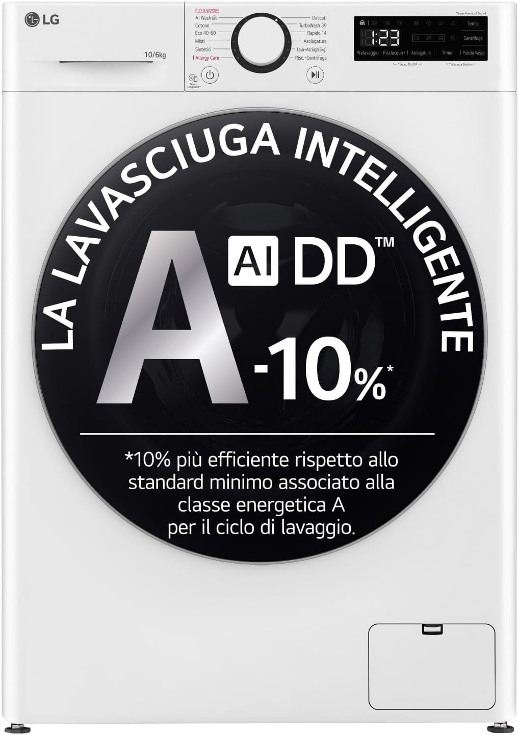 LG D4R5010TSWS lavatrice, AI DD Lavasciuga 10, 6 kg Serie R5 Classe A-10%, 1400 giri, TurboWash360, e Asciugatrice Insieme, Steam, Eco Hybrid, Bianca