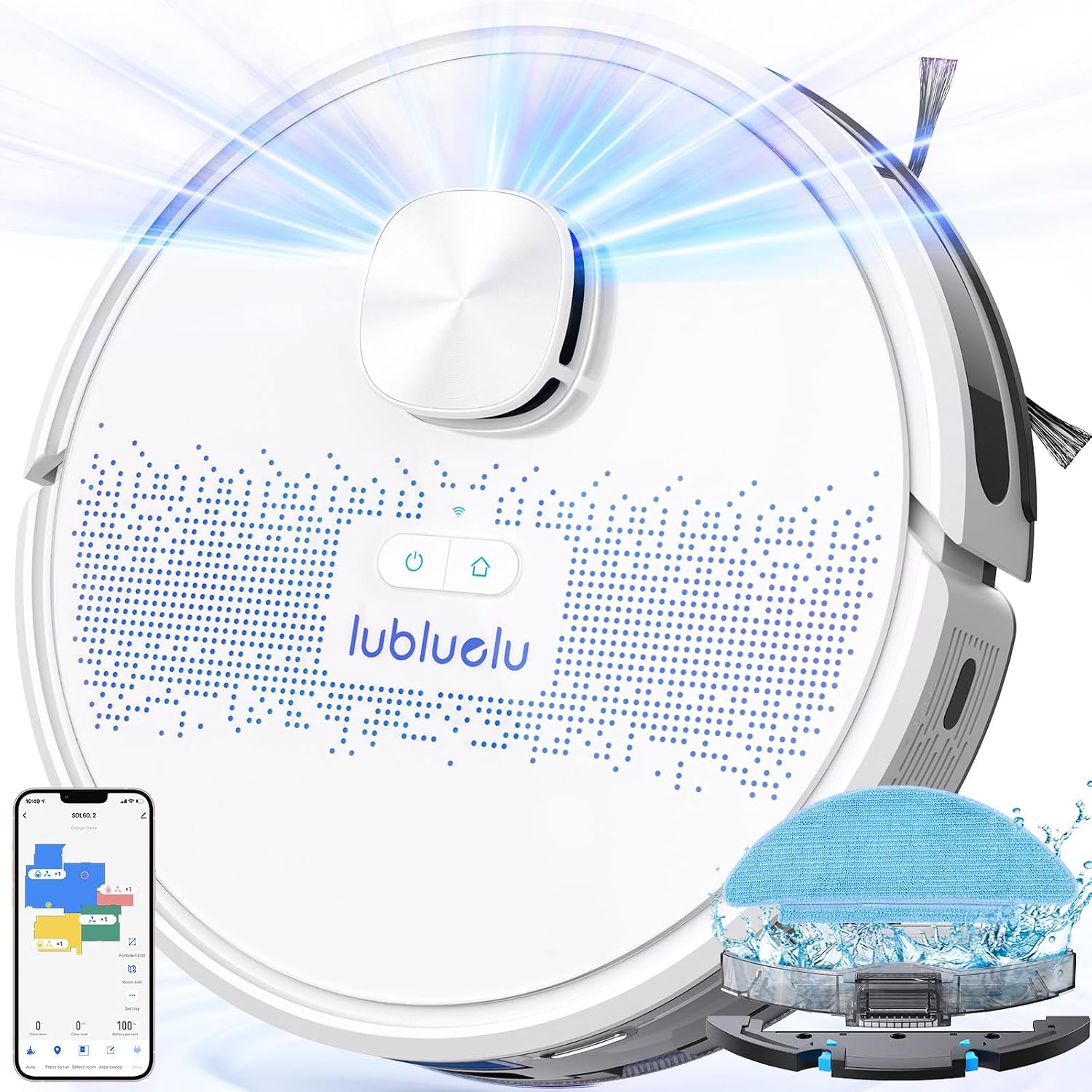 Robot aspirapolvere SL60D-W, Lavapavimenti con Mappatura 4500 Pa a 5 Piani, Robot Vacuum Mop 3 in 1, LiDAR Laser 9.0, WiFi, Alex Control, Lubluelu