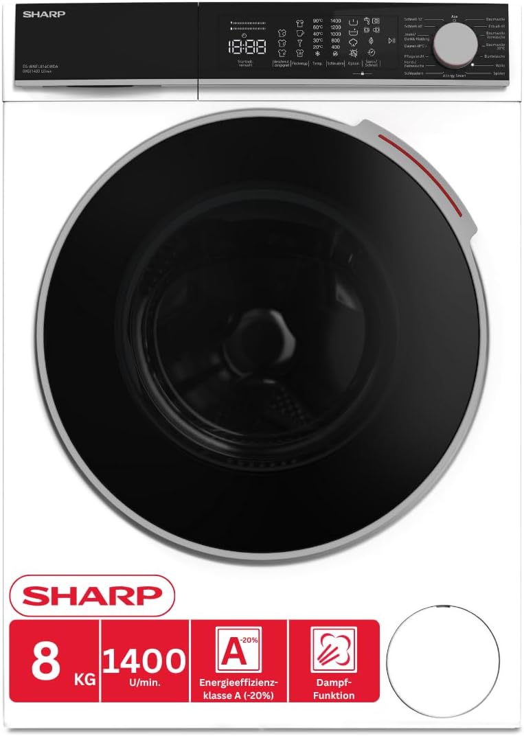 Lavatrice ES-WNFL814CWDA-DE, 8 kg, 1400 giri, Efficienza energetica A -20%, min, WLAN, Vapore, AllergySmart, LED Touch, AquaStop, DoubleJet, Sharp
