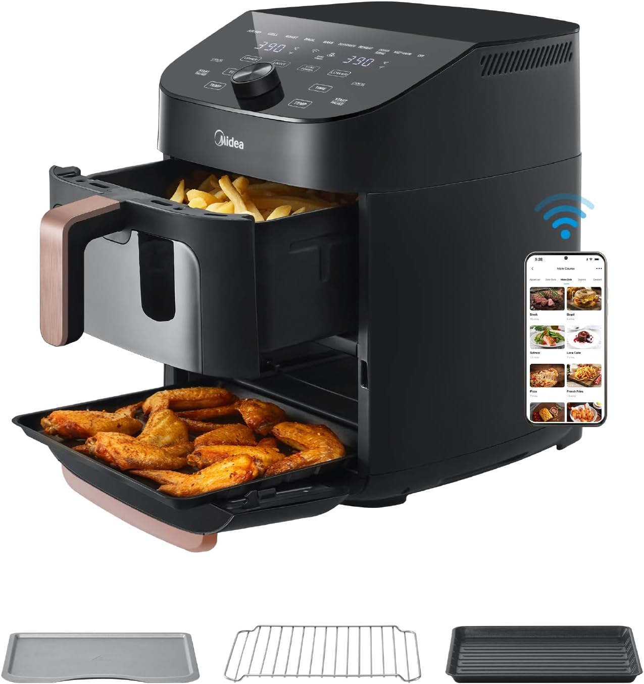 Friggitrice ad aria, 10 in 1 Verticale Doppia Zona, Componenti Antiaderenti Lavabili in Lavastoviglie, compatibile con App, Midea