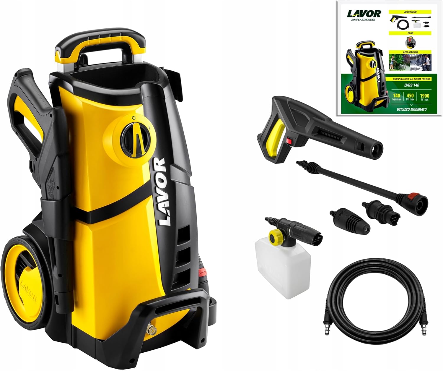 Idropulitrice LVR3, 140 con Sistema Schiumogeno Regolabile, Pressione massima 140 bar, Portata massima 450 litri ora, Motore 1900 Watt, Lavor