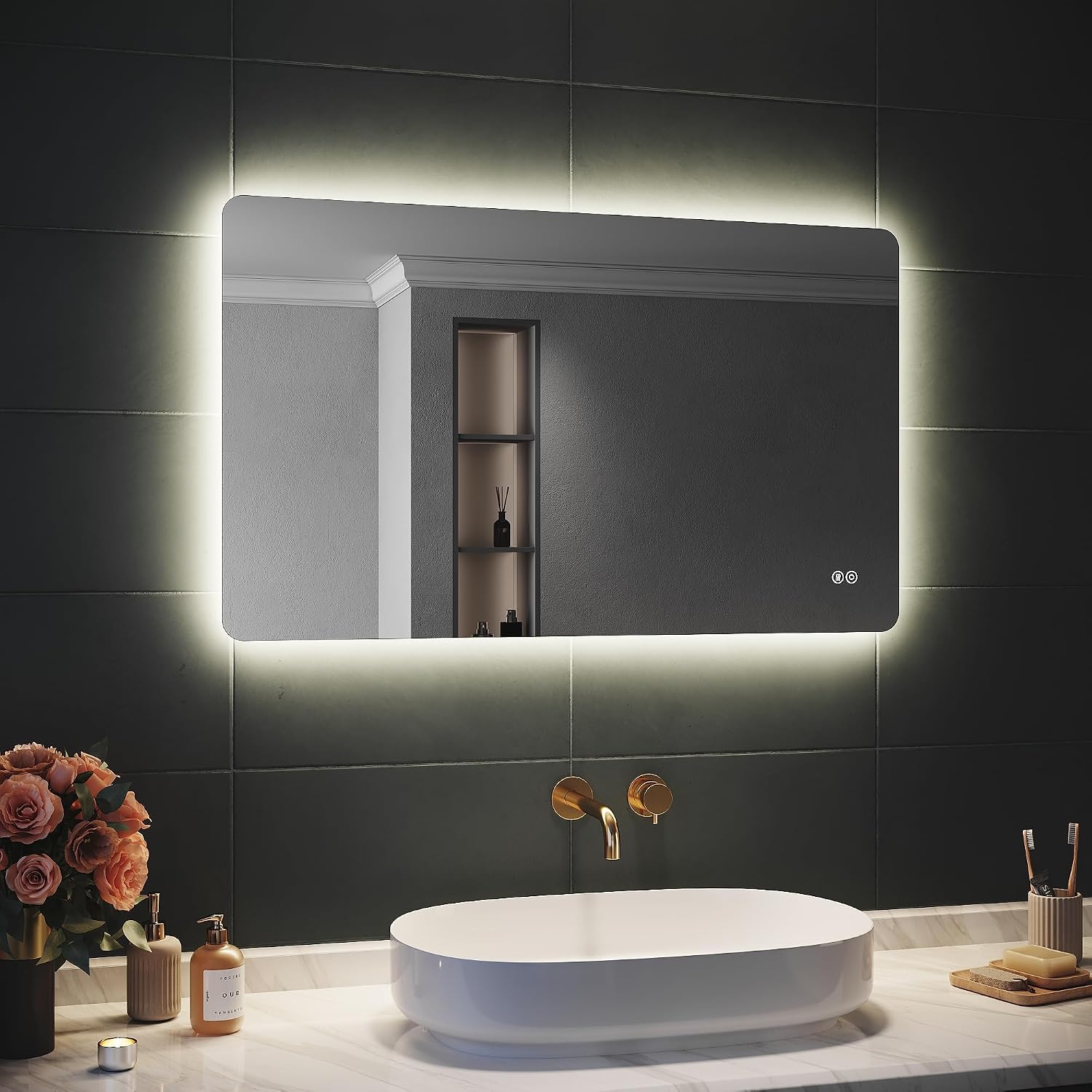 Specchi da parete 3000K-6500K, Specchio Luminoso da Bagno con Dimmer, Anti-appannamento, Funzione Memoria, Orizzontale, Verticale, SIRHONA