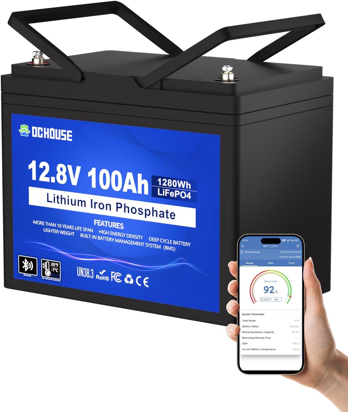 Batterie a ciclo profondo 12V100AH, protezione a bassa temperatura, marina, barca, solare, Batteria al litio LiFePO4 da 12 V, 100 Ah, DCHOUSE